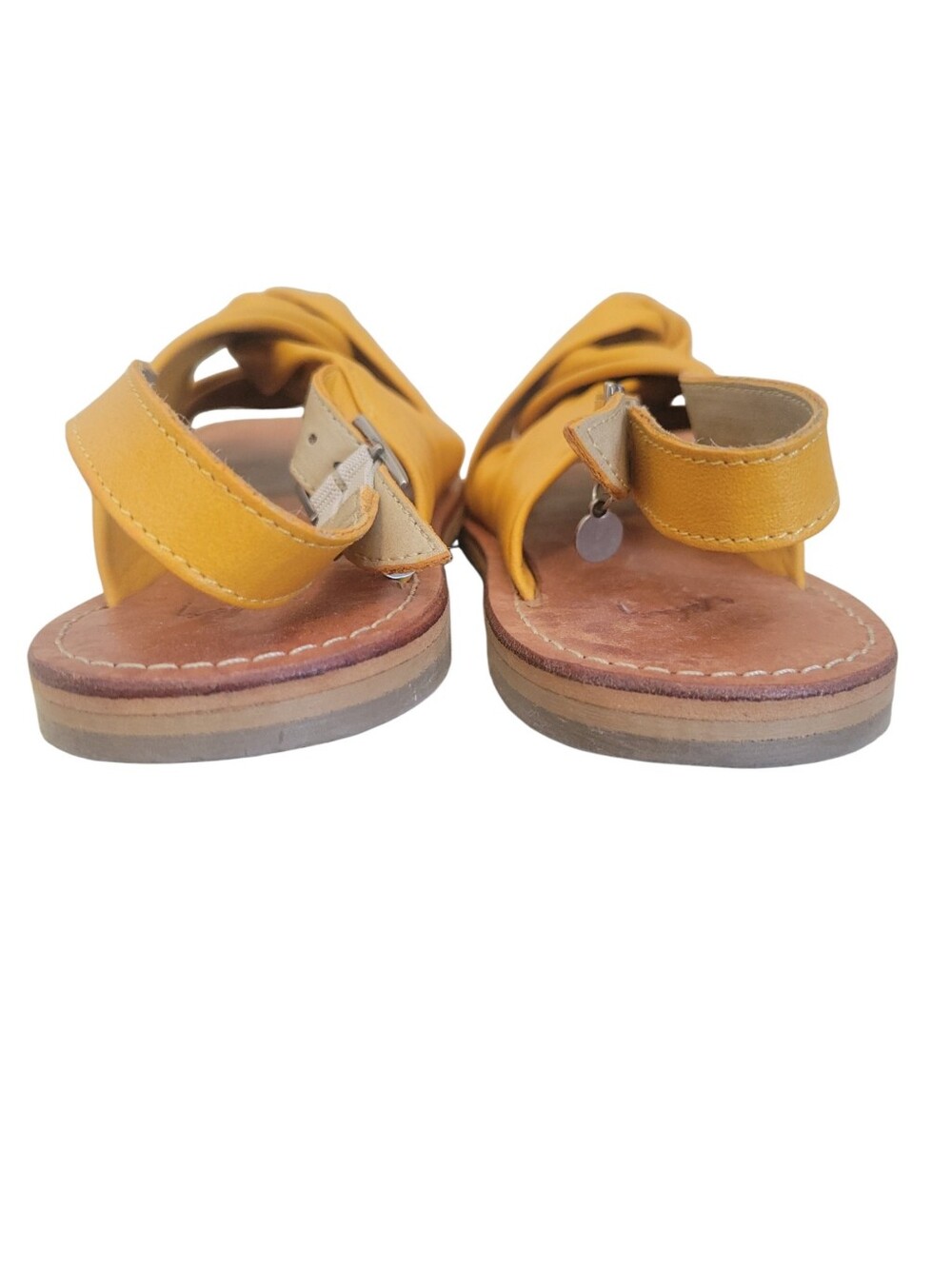 Velez Artisan Leather Knot Sandals Mustard Yellow Slingback Flat 38 Boho Resort - Picture 4 of 11